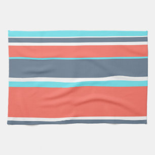 Living coral, blue and gray stripes kitchen towel