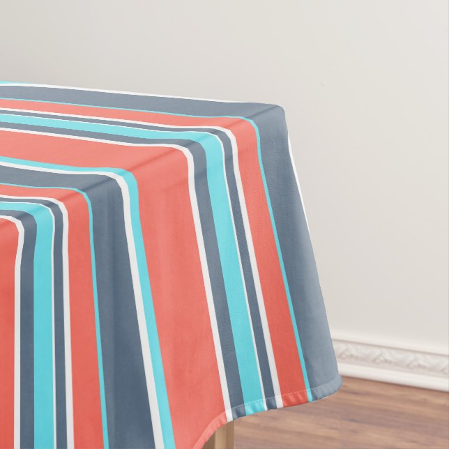 Living coral, blue and gray stripes tablecloth (In Situ)