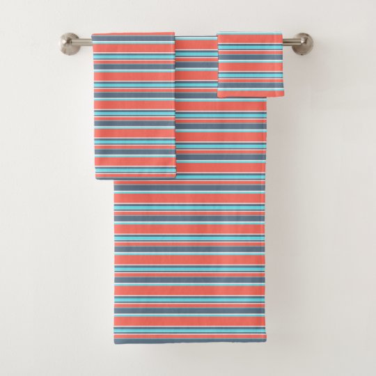 Living coral, blue and grey stripes bath towel set | Zazzle.com