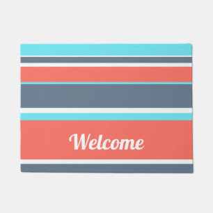 Living coral, blue and grey stripes doormat