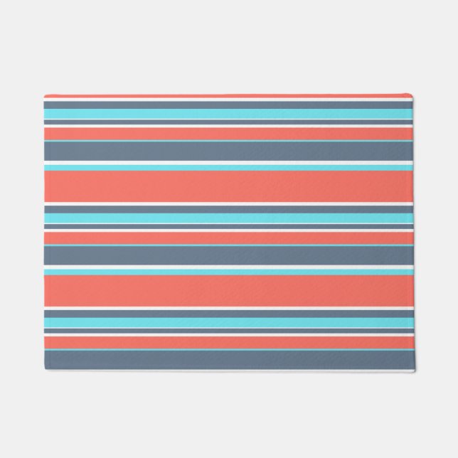 Living coral, blue and grey stripes doormat (Front)
