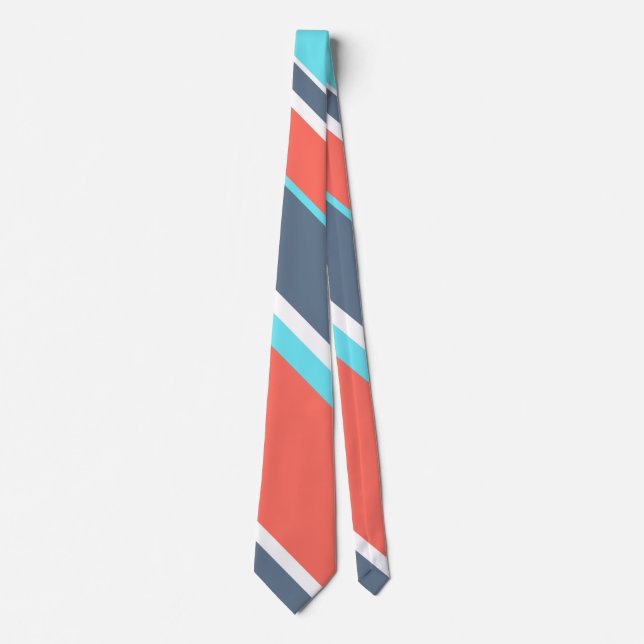Living coral, blue and grey stripes neck tie (Front)