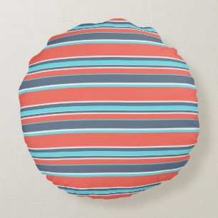 Living coral, blue and grey stripes round pillow
