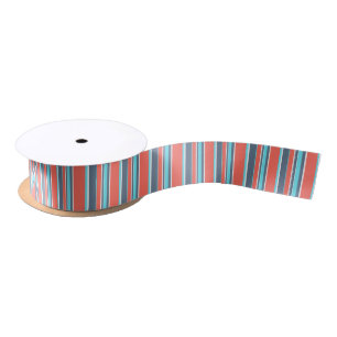 Living coral, blue and grey stripes satin ribbon