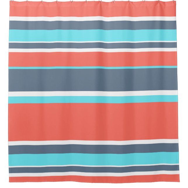Living coral, blue and grey stripes shower curtain (Front)