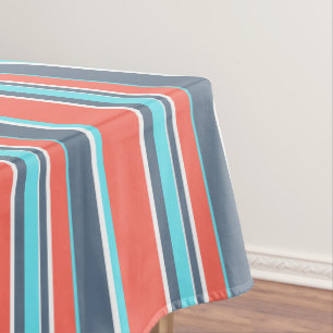 Living coral, blue and grey stripes tablecloth