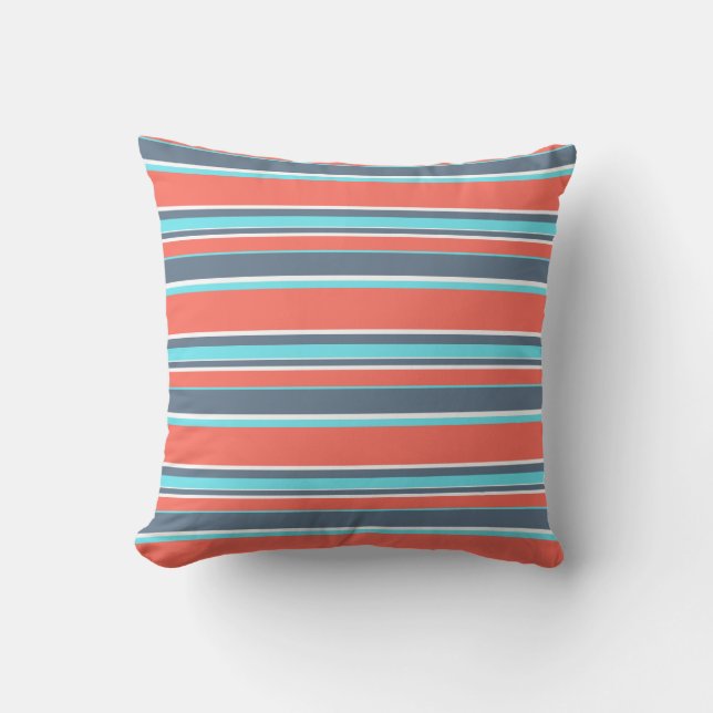 Living coral, blue and grey stripes throw pillow (Front)