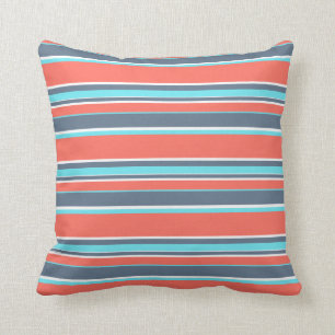 Living coral, blue and grey stripes throw pillow