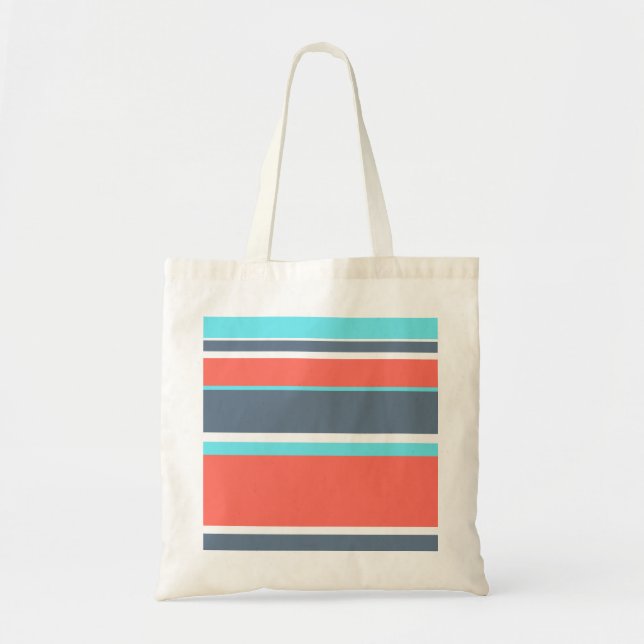 Living coral, blue and grey stripes tote bag (Front)