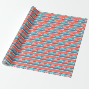 Living coral, blue and grey stripes wrapping paper