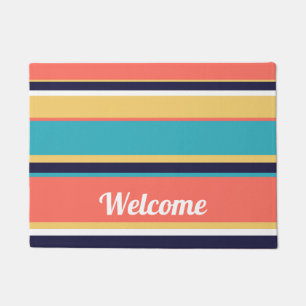 Living coral, blue and yellow stripes doormat