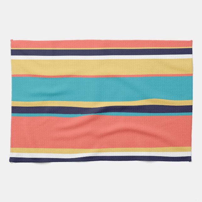 Living coral, blue and yellow stripes kitchen towel (Horizontal)
