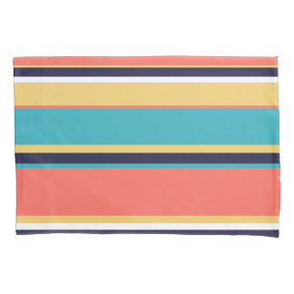Living coral, blue and yellow stripes pillow case