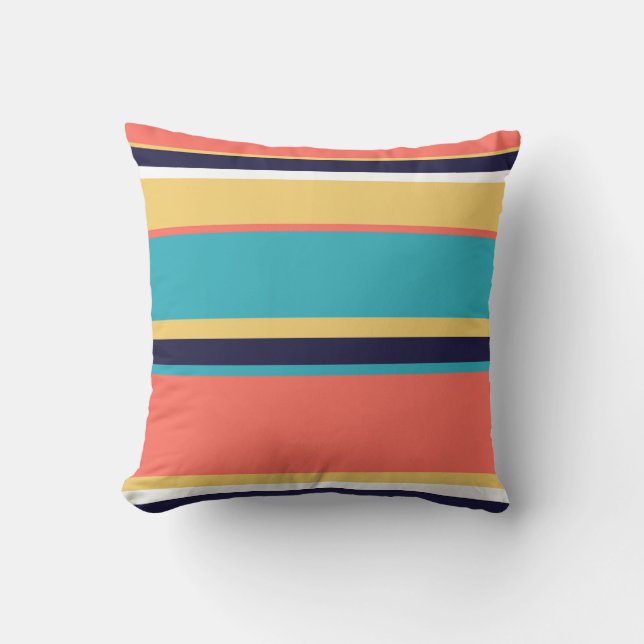 Living coral, blue and yellow stripes throw pillow (Front)