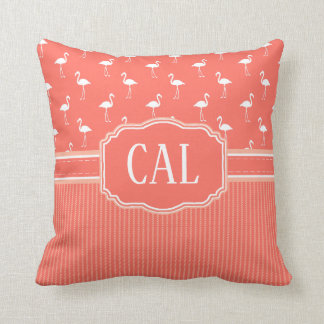 Living Coral Color Flamingo and Stripe Monogram Throw Pillow