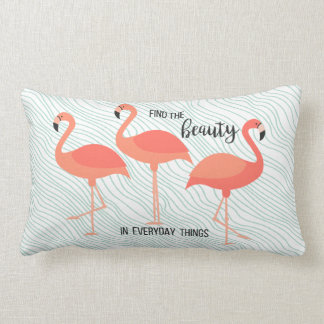 Living Coral Color Flamingos on Ice Green Ripple Lumbar Pillow