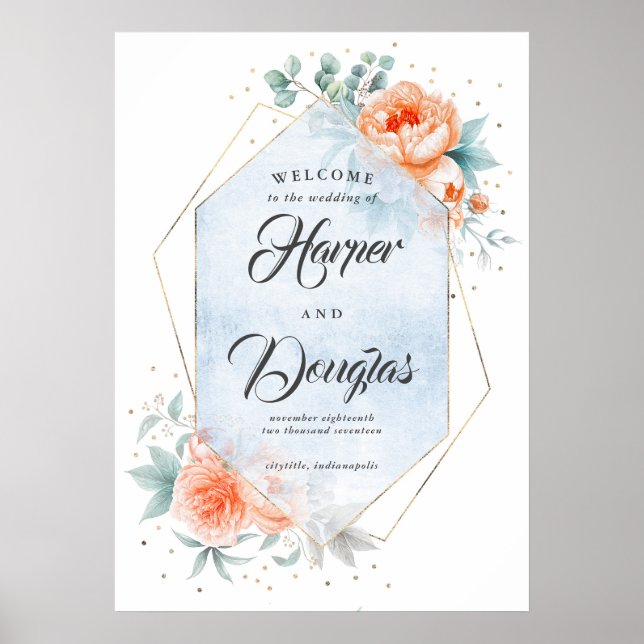 Living Coral Dusty Blue Flora Wedding Welcome Sign (Front)