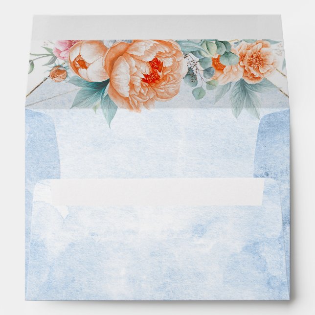 Living Coral Dusty Blue Floral Modern Wedding Envelope (Back (Bottom))