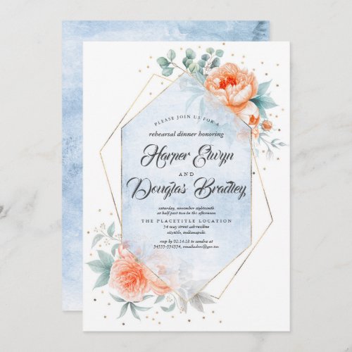 Living Coral Dusty Blue Floral Rehearsal Dinner Invitation