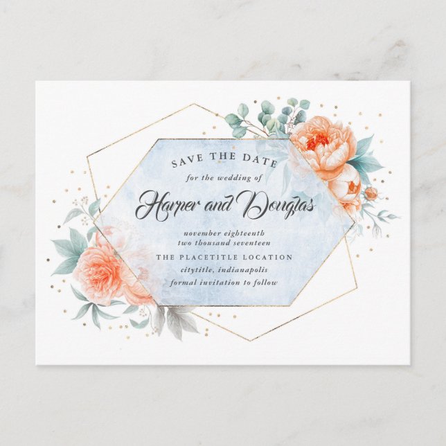 Living Coral Dusty Blue Floral Save the Date Announcement Postcard (Front)