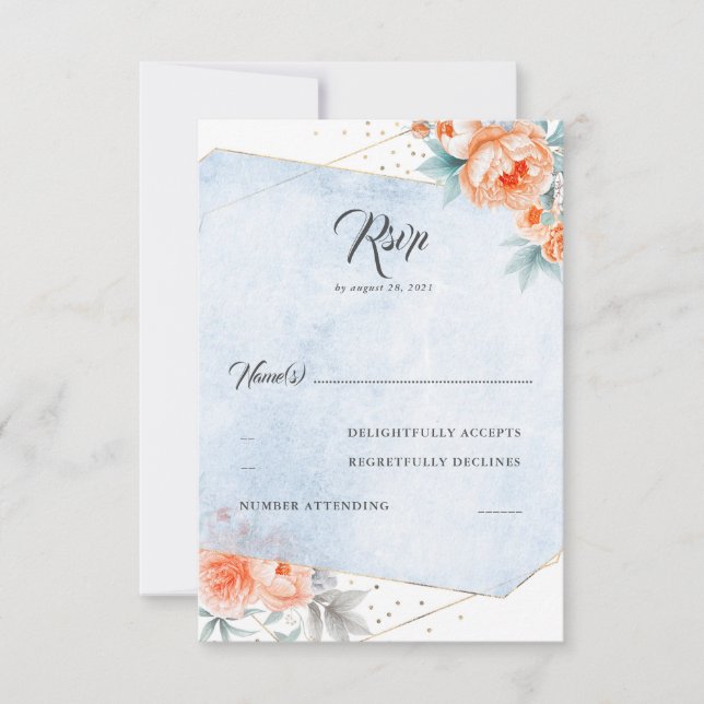 Living Coral Dusty Blue Floral Wedding RSVP Card (Front)