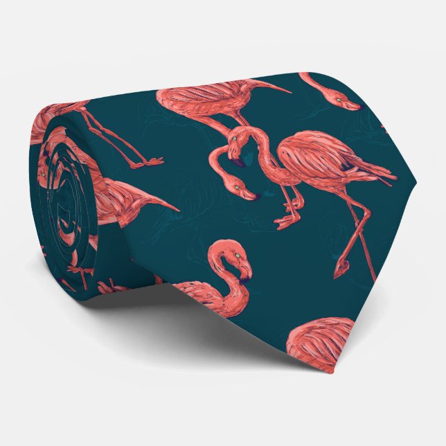 Living coral flamingo pattern neck tie (Rolled)
