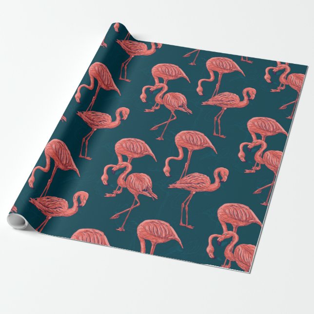 Living coral flamingo pattern wrapping paper (Unrolled)