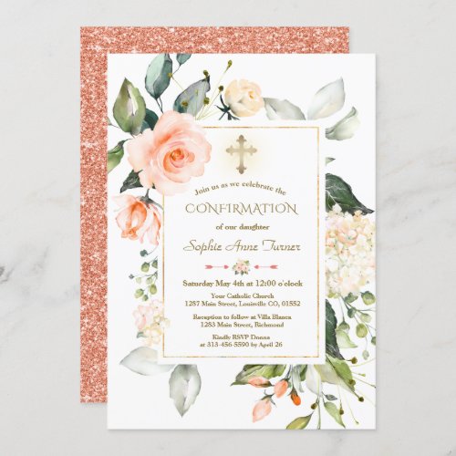 Living Coral Floral Frame Glitter Baptism Invitation