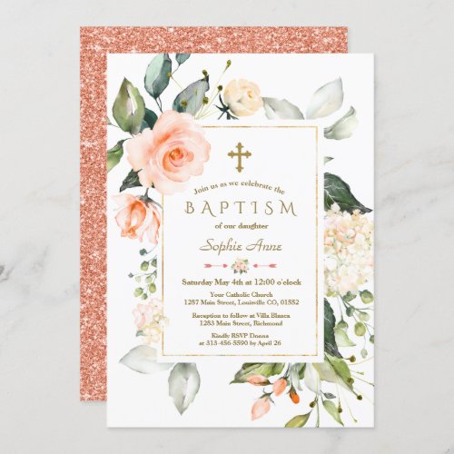 Living Coral Floral Frame Glitter Baptism Invitation