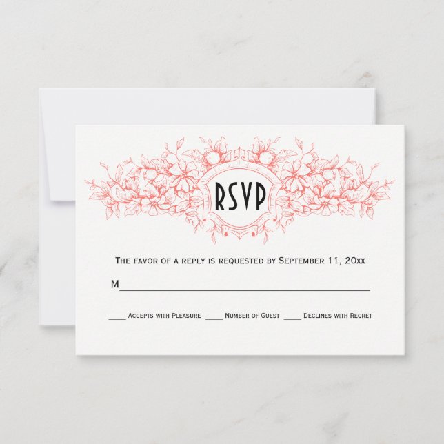 Living coral floral heraldic crest wedding RSVP Card (Front)