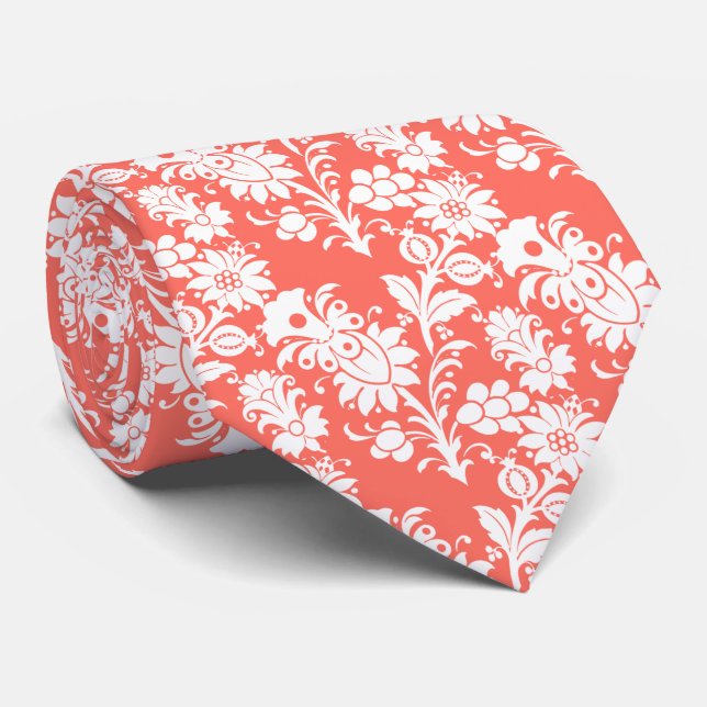 Living Coral Floral Pattern Groomsmen Wedding Neck Tie (Rolled)