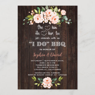 Living Coral Floral Wood I DO BBQ Engagement Invitation