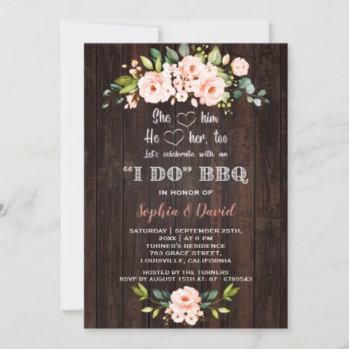 Living Coral Floral Wood I DO BBQ Engagement Invitation