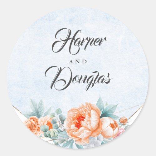 Living Coral Flowers Dusty Blue Watercolor Wedding Classic Round Sticker