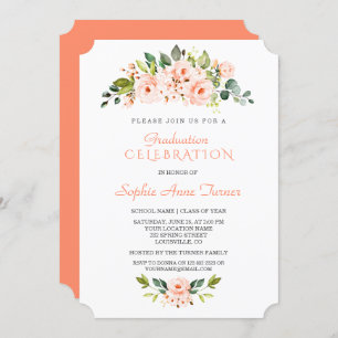 Living Coral Flowers Graduation Party Invitation