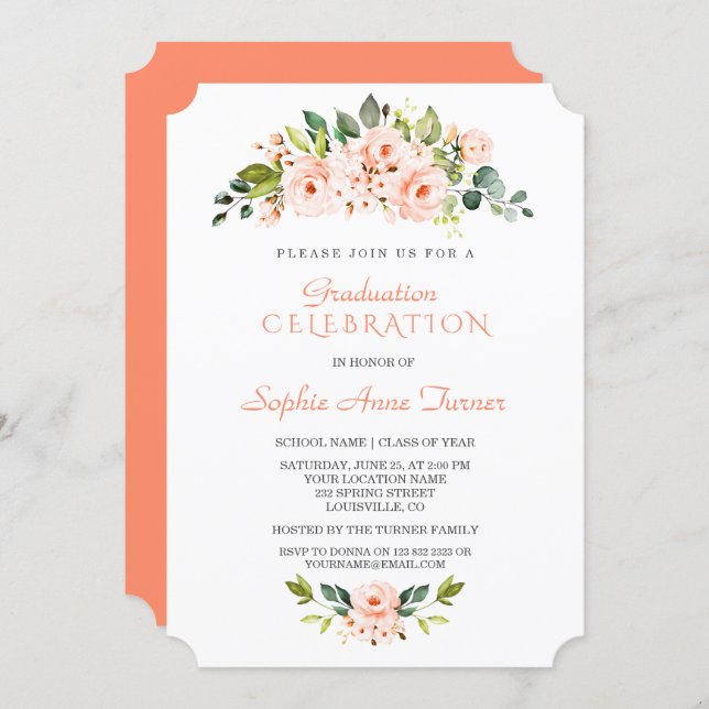 Living Coral Flowers Graduation Party Invitation (Front/Back)