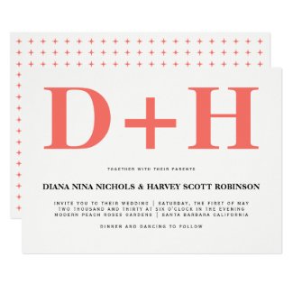 Living coral initials bold typography wedding invitation