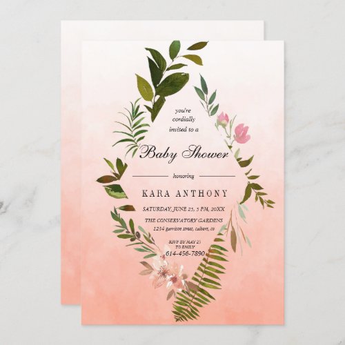 Living Coral Ombre  Forest Fern Baby Shower Invitation