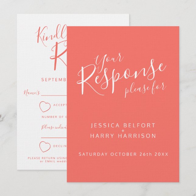 Living coral orange white heart wedding reply RSVP Invitation (Front/Back)