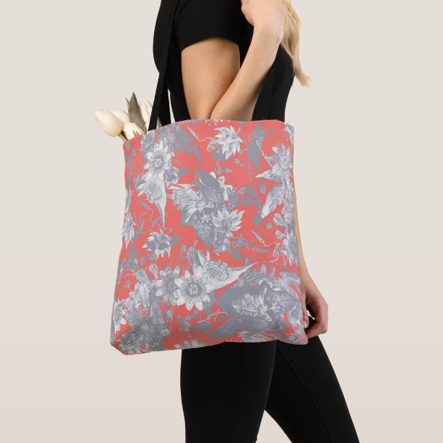 Living Coral Passion Flowers Pattern Tote Bag (Close Up)