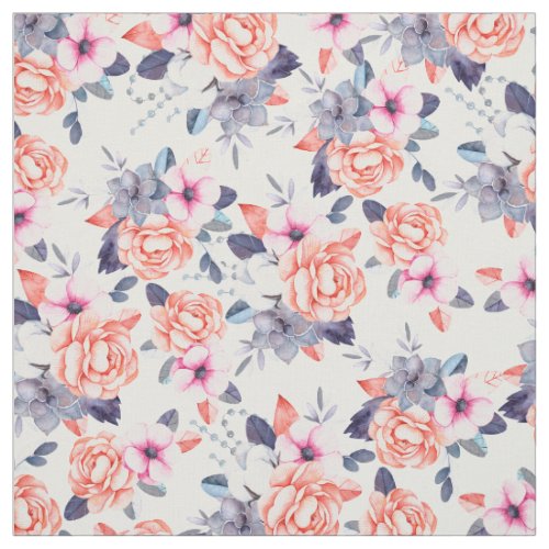 Living coral pink purple watercolor floral fabric