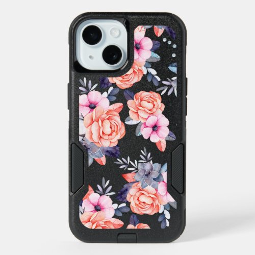 Living coral pink purple watercolor floral iPhone 15 case