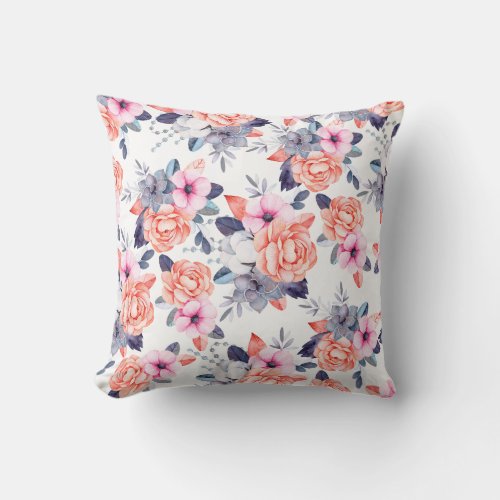 Living coral pink purple watercolor floral throw p throw pillow