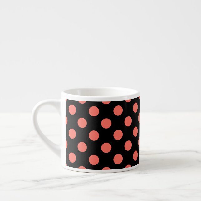 Living coral polka dots on black espresso cup (Left)