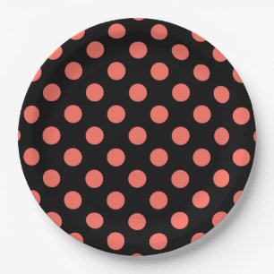 Living coral polka dots on black paper plates