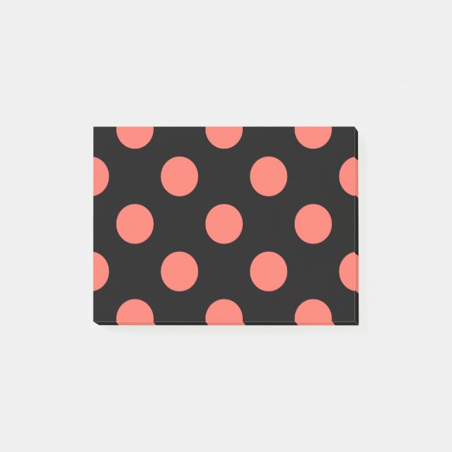 Living coral polka dots on black post-it notes (Front)
