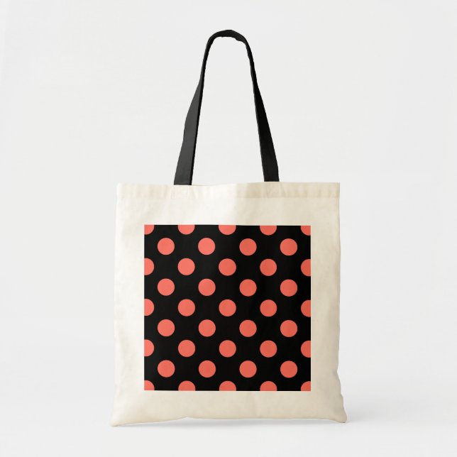 Living coral polka dots on black tote bag (Front)