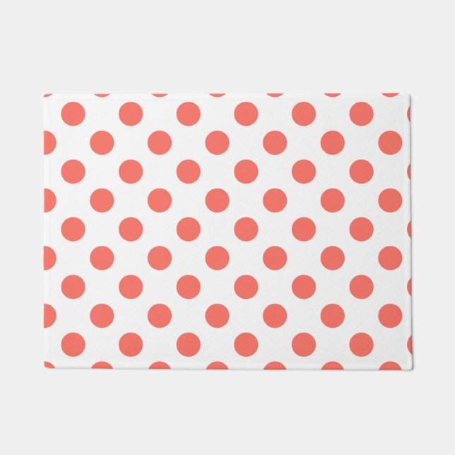 Living coral polka dots on white doormat (Front)