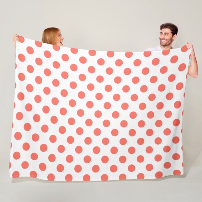 Living coral polka dots on white fleece blanket (In Situ)