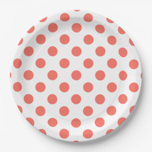 Living coral polka dots on white paper plates